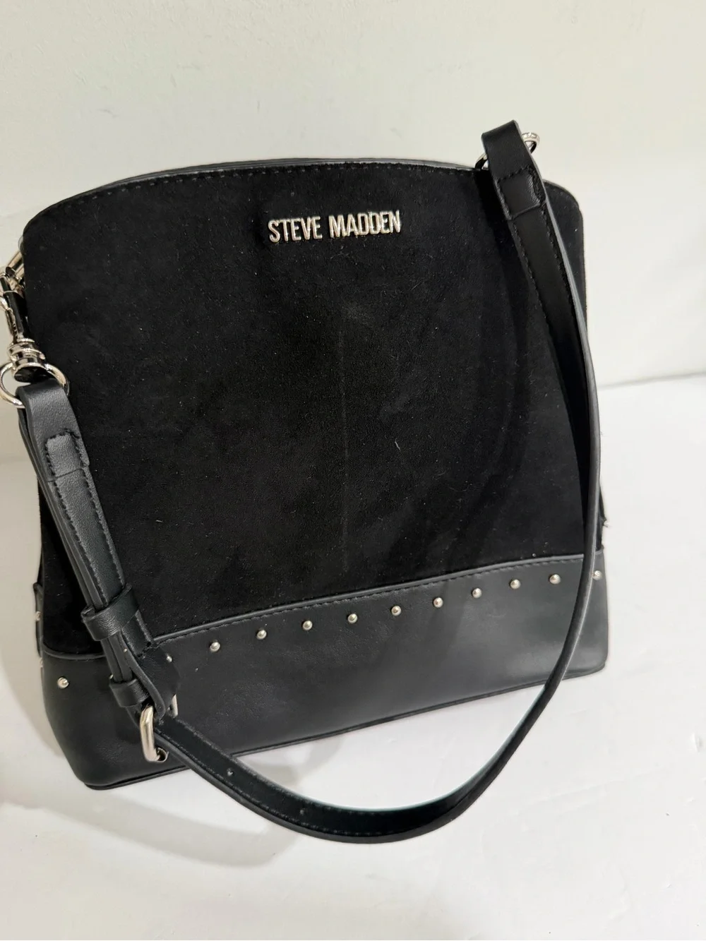 Steve Madden Black Suede & Leather Crossbody with Silver Studs